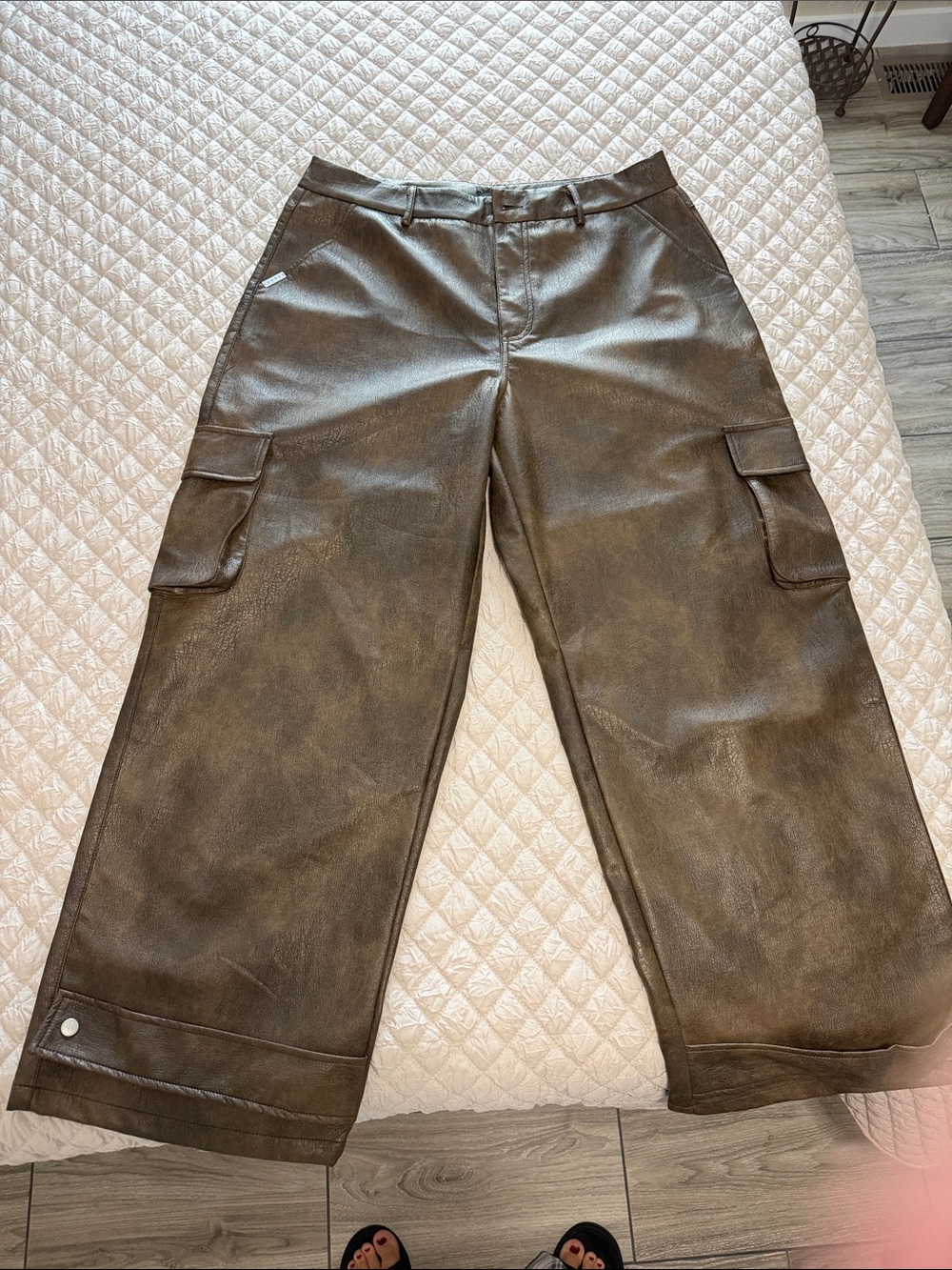 Men's Brown Faux-Leather Cargo Pants - Wide Leg
